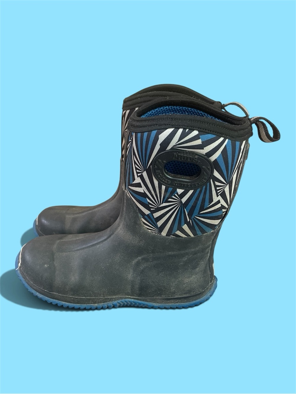 Kids Black and Blue Geometric Waterproof Rain Boots with Easy Pull Handles
